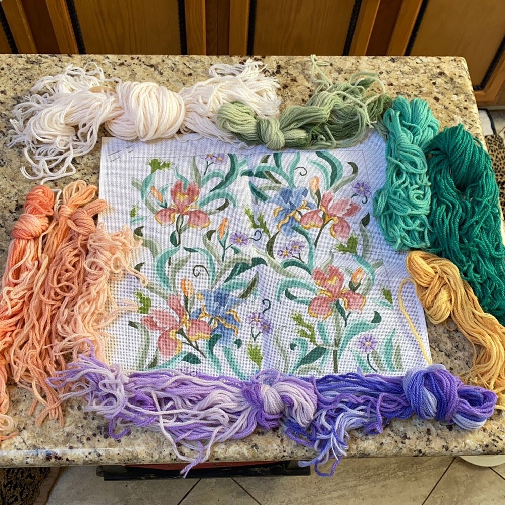 Needlepoint painted canvas with yarn needles 14” wide coral green blue/lavender